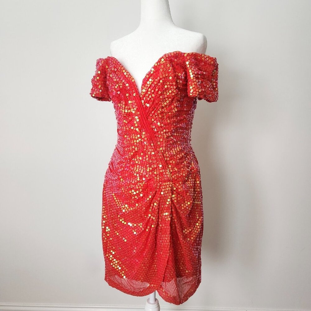 Vtg 90s Vicky Tiel Red Sequin Dress Sz‎ 44 Paris Couture Off Shoulder Cocktail - Picture 4 of 16